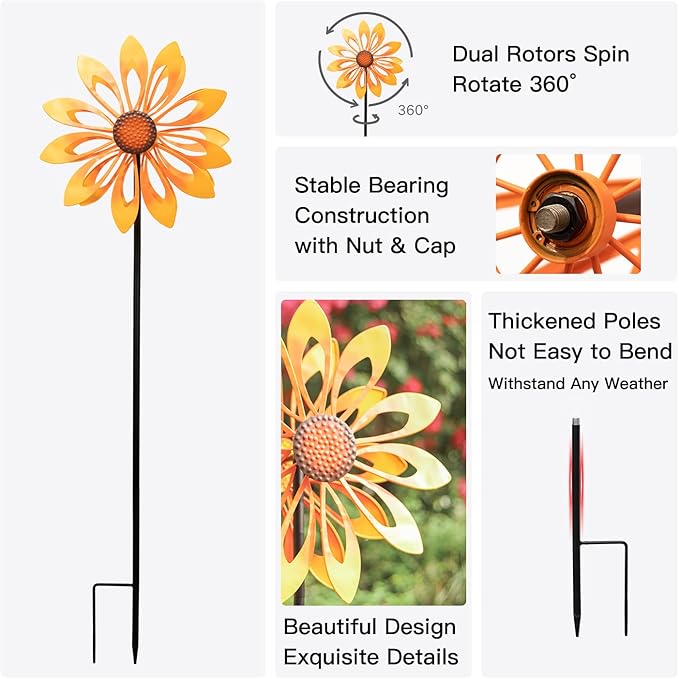 Birthday Gifts for Women Floral Yard Garden Wind Spinners - Large Outdoor Metal Wind Spinners with Vane, Lawn Yard Art Garden Decor (Sunflower)