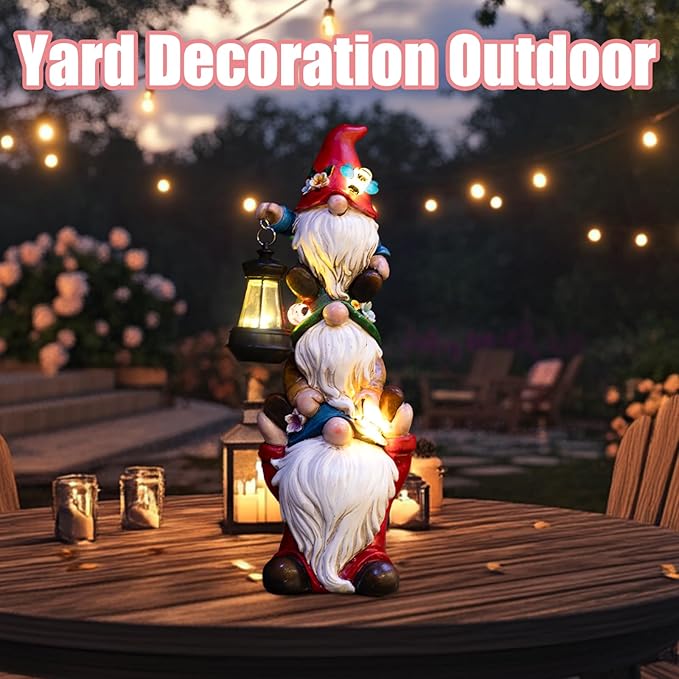 Garden Gnome Statue with Solar Lights Large Garden Sculptures Funny Triple Gnome Outdoor Patio Lawn Yard Balcony Garden Home Decor Gifts for Women Mom 12 in Spring Summer Gnomes Outdoor