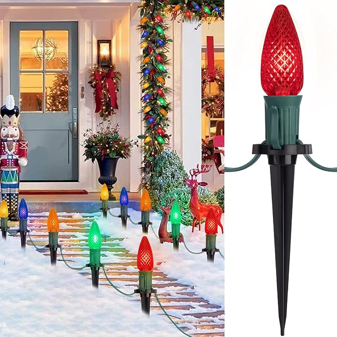 Brightown Strawberry C9 Christmas Pathway Lights, 25.7 Feet Walkway String With 20 Clear Bulbs and Stakes, Connectable Outdoor Decoration for Outside Lawn, Multicolor