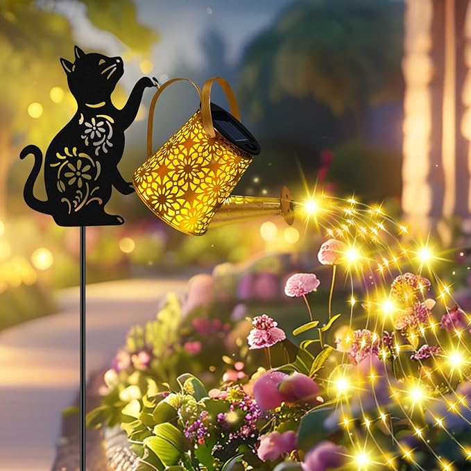 Solar Lights Outdoor Decorative, Watering Can with Cascading Lights, with Cat Silhouette Garden Stakes, Waterproof Metal Garden Decor for Yard Art, Outside, Patio, Lawn Ornaments