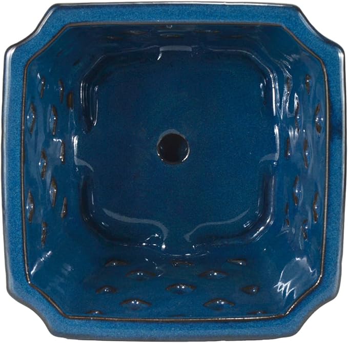 W&W Ceramic Orchid Pot with Holes and Saucer for Repotting, Blue, 7 Inches