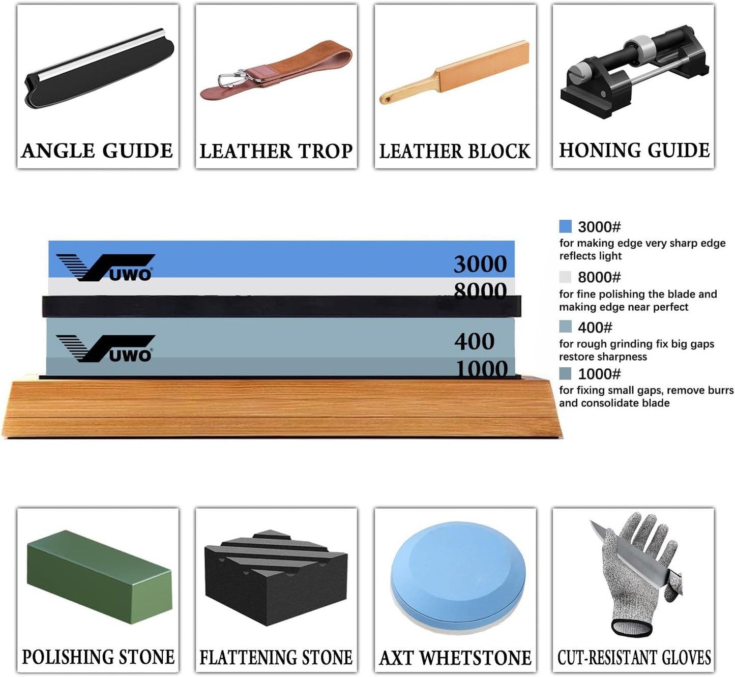 Knife Sharpening Stone Kit - Whetstone Dual Grit 400/1000 3000/8000 Premium Sharpener Set with Leather Strop, Flattening Stone, Honing Guide, Bamboo Base, Angle Guide, Cut Resistant Gloves