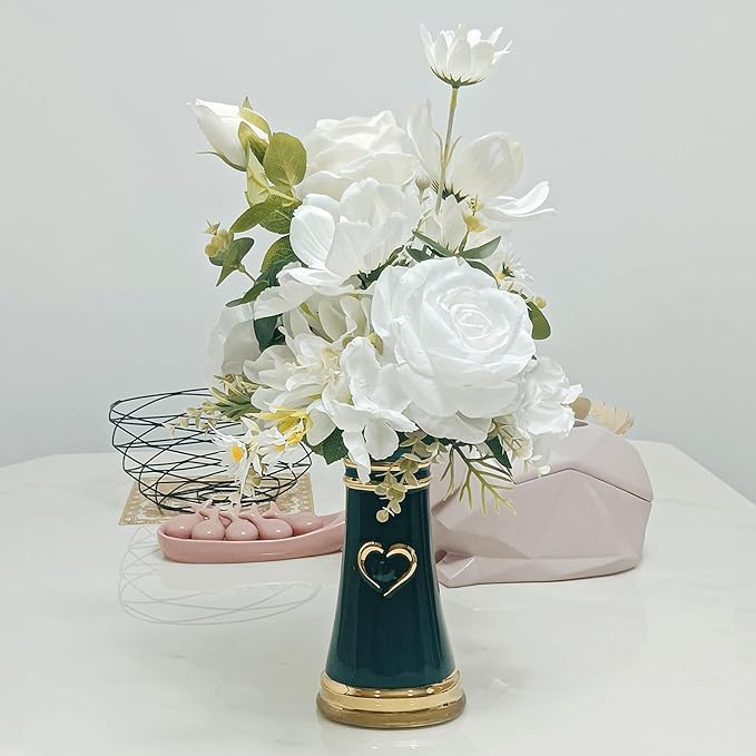 LoveLin Artificial Flower Arrangement for Ceramic Vase,White Roses Floral Bouquet Paired Abstract Prayer Hand Shaped Dark Green Vase,Affordable Luxury Art Pieces,Lndoor Ornament, 17″