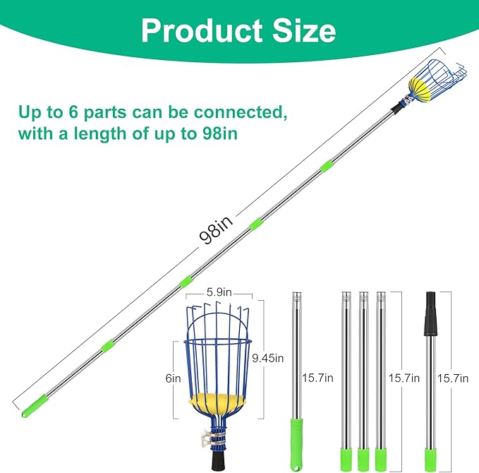 Fruit Picking Tool 2 Pieces, with Basket and 62.9-inch Fruit Picking Rod, The Rod can Connect up to 6 Parts, Reach a Length of 98 inches (with Storage Bag)
