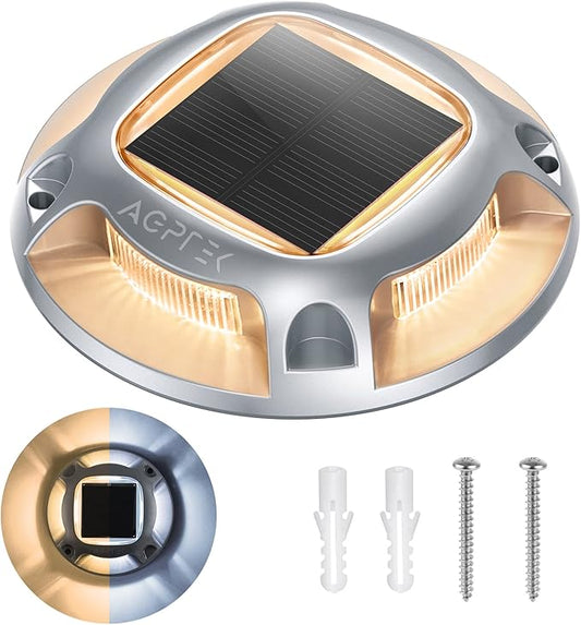 AGPTEK Solar Driveway Lights Outdoor 1 Pack, 2 Color Modes LED Deck Dock Marine Waterproof Driveway Marker Lights for Step Sidewalk Stair Garden Pathway Walkway Yard (Warm White/Cool White)