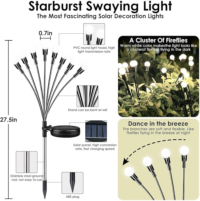 2025 Solar Lights Outdoor Waterproof, 2 Pack Solar Garden Lights, Solar Firefly Lights Outdoor Waterproof, Solar Twinkle Swaying Fairy Light for Yard Patio Pathway Garden Decoration (Cool White)