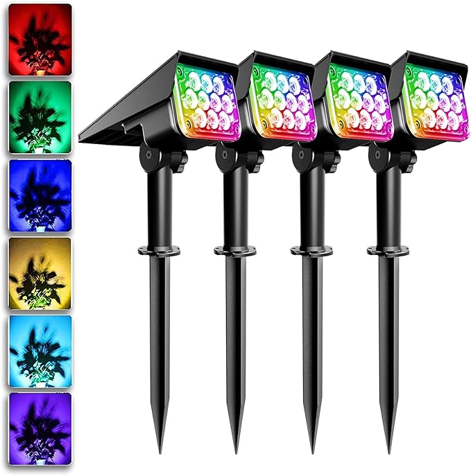 T-SUNUS Christmas Solar Spot Lights Outdoor Color Changing 4 Pack, IP65 Waterproof Solar Landscape Spotlights Garden Pond Lights, 2-in-1 RGB Lighting for Yard Pathway Driveway Walkway Tree Halloween