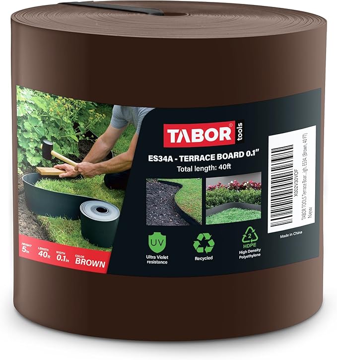 TABOR TOOLS 40 Ft Terrace Board, 5 Inch High, 0.1" Inch Thickness, Landscape Edging Coil, Grass Barrier, Bender Board, Garden Liner, ES34. (Brown)
