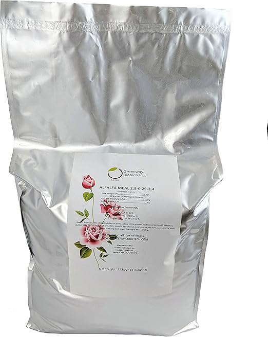 Greenway Biotech Alfalfa Meal 2.80-0.29-2.40- Rose, Flower, Plant & Vegetables Fertilizer with Essentials Minerals, & Nitrogen- Ideal for Alkaline Plants (2X 15 Pounds)