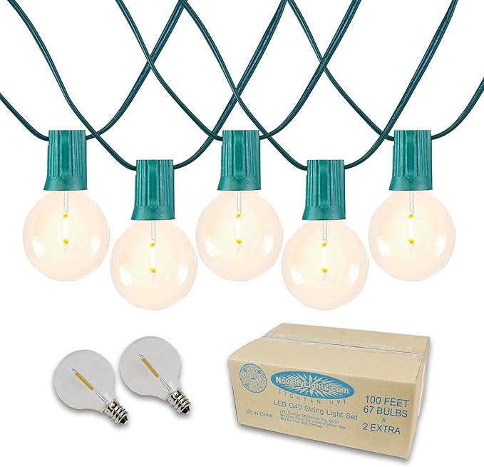 Novelty Lights 100 Feet G40 LED Patio String Lights with 67 Bulbs, Warm White, Weather Resistant and Shatterproof Replaceable Plastic Globe Bulbs, Green Wire