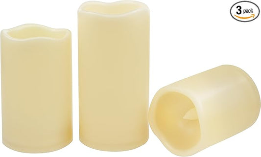 CANDLE CHOICE Waterproof Outdoor Battery Operated Flameless Candles with Timer Realistic Flickering Plastic Fake Electric LED Pillar Lights for Lantern Garden Wedding Christmas Decorations 3 Pack