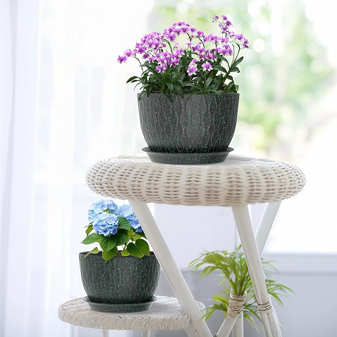 12/10/9 inch Large Plant Pots, 3 Pack Wide Flower Pots for Outdoor Indoor Plants with Ripples, Big Plastic Planters with Drainage Holes and Saucers for Garden Home, Black with Green Speckles