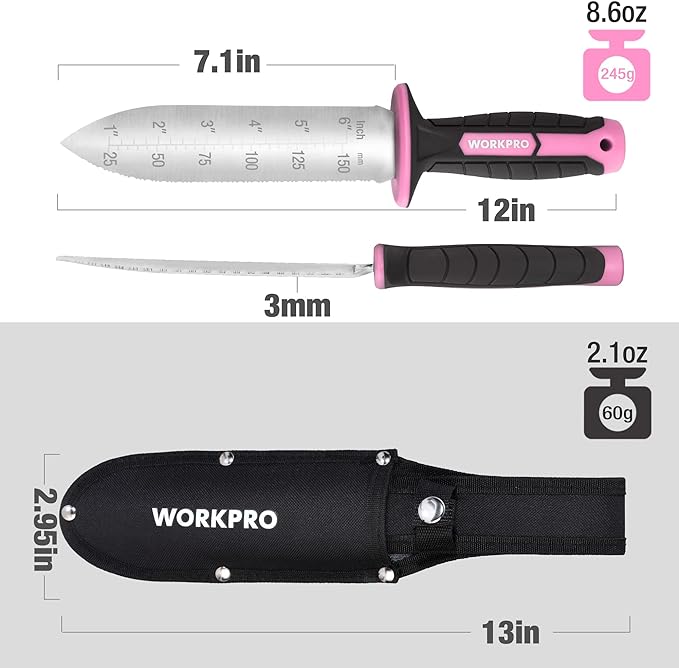 WORKPRO Hori Hori Garden Knife, 7" Stainless Steel Blade with Cutting Edge, Garden Tools with Oxford Sheath, Ergonomic TRP Handle with Hanging Hole for Weeding, Planting, Digging, Pink