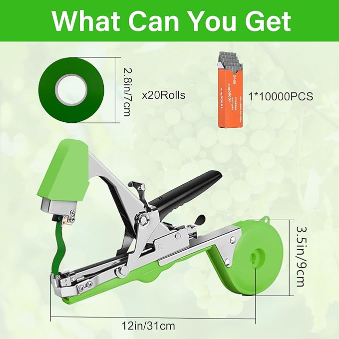 Plant Tying Machine Garden Vine Tying Tape Tool Plant Binding Machines Plant Tape Gun Plant Binder Agriculture Tapetool with 10000 PCS Staples and 20 Rolls Green Tape for Tomato Grape Pepper