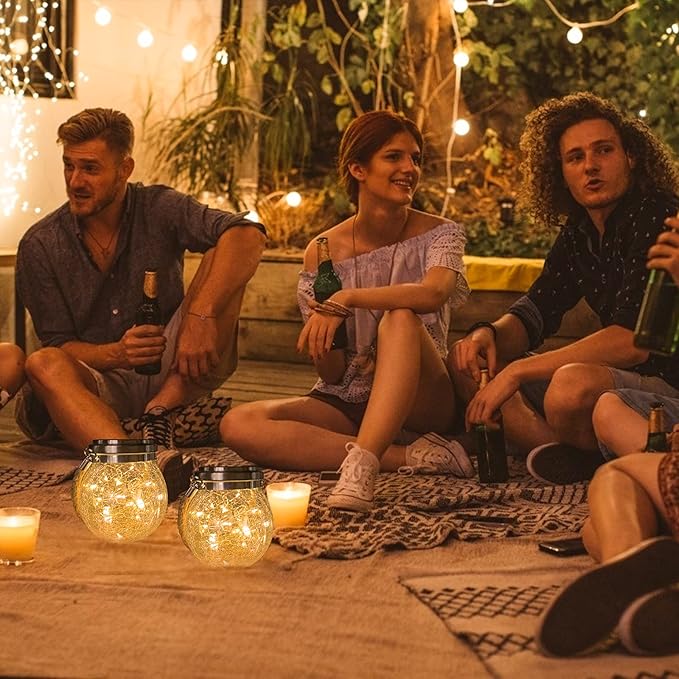 Solar Lantern Crackle Glass Ball, 4 Pack Garden Hanging Solar Lights Outdoor Waterproof Lanterns with 30 Warm White LED for Outdoor Decor Patio Yard Lawn Pathway