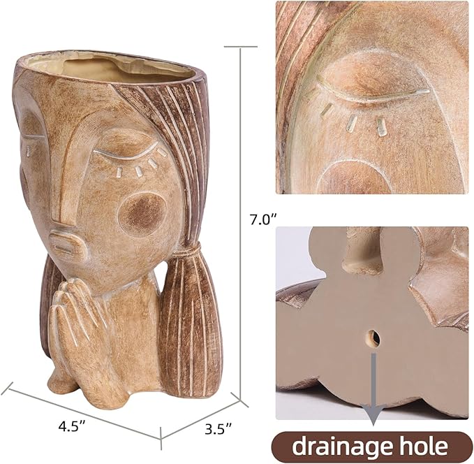 Face Planter Pots with Drainage Hole, Resin Head Planters for Indoor Plants Flower Plant Pots Succulent Pot, Cute Girl Face Planter Gifts for Lover-Praying