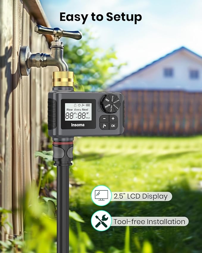 [Upgraded Version] Sprinkler Timer with Brass Swivel, Programmable Water Timer for Outdoor Garden Hose, Hose Timers with Rain Delay/Manual/Auto Mode, Drip Irrigation and Lawn Watering System, 1 Outlet