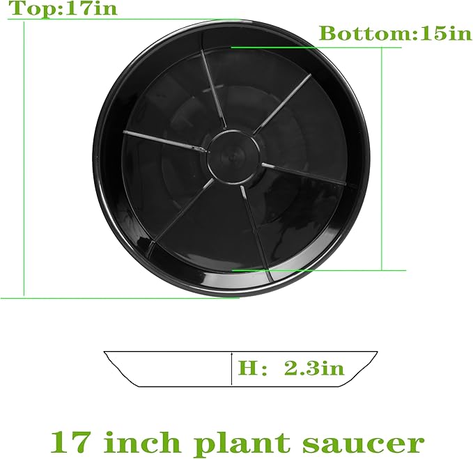 2 Pack Plant Saucer Drip Tray 17 inch, Large Heavy Sturdy Plastic Planter Flower Pot Saucers for Indoor Outdoor Garden, Plant Water Drip Trays for pots (17" 2Pack, Black)