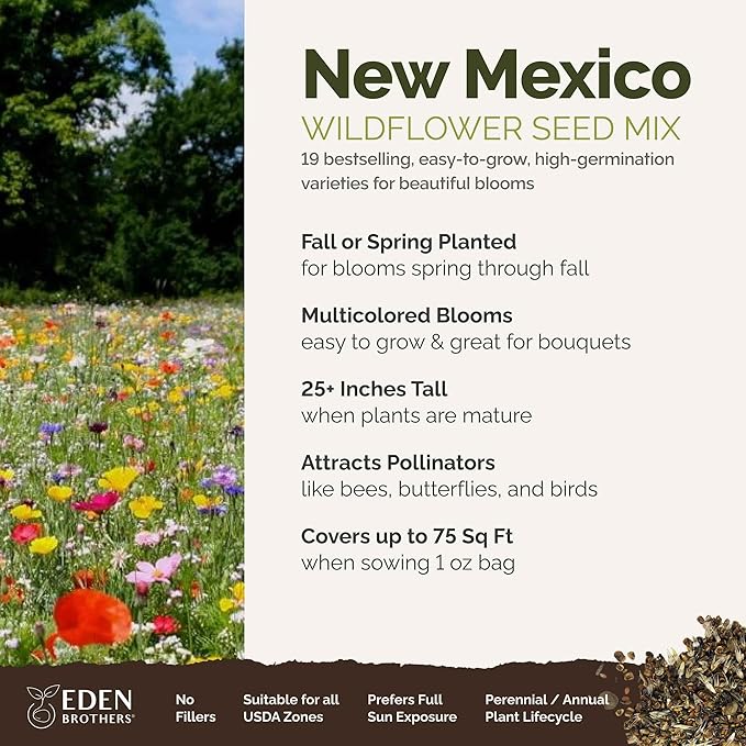 Eden Brothers New Mexico Wildflower Mixed Seeds for Planting, 1 oz, 30,000+ Seeds with Yarrow, Coreopsis | Attracts Pollinators, Plant in Spring or Fall, Zones
