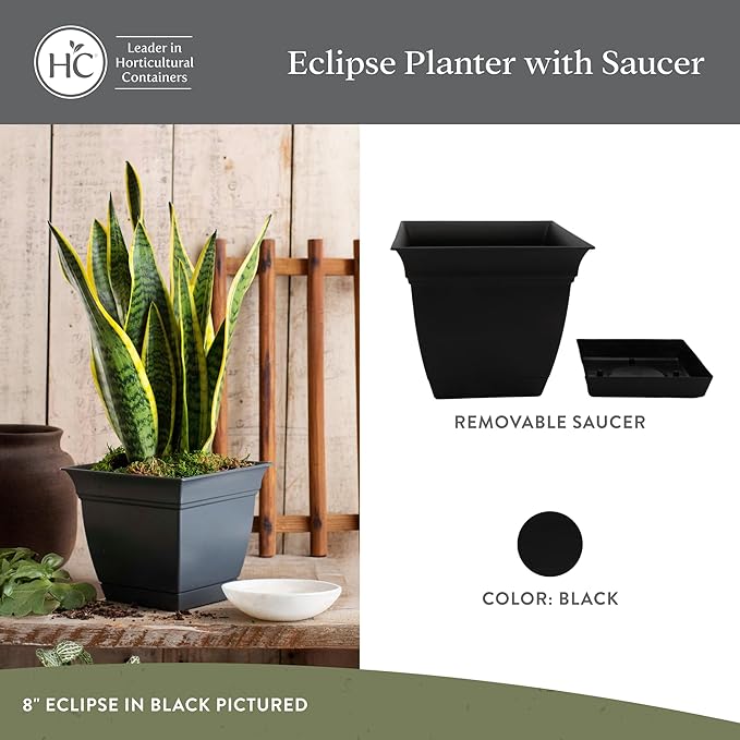 The HC Companies 12 Inch Eclipse Square Planter with Saucer – Indoor Outdoor Plant Pot for Flowers Vegetables Herbs, Black (Pack of 2)