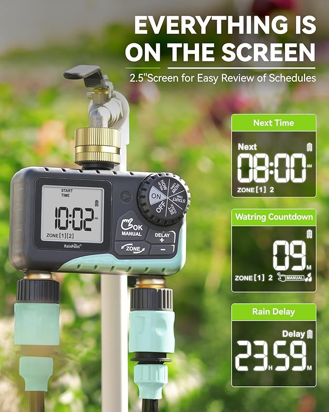 RAINPOINT 2 Zone Sprinkler Timer with Brass Inlet and Outlet - Water Timer for Garden Hose with Rain Delay/Manual Watering/Automatic Irrigation Controller System - Water Hose Timer for Yard Lawn