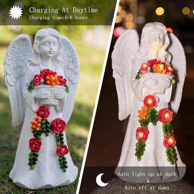 Angel Garden Statue Figurines Light Decoration Outdoor Solar Angels with 8 Led Lights Outside Resin Sculpture Art Decor Patio Lawn Yard Housewarming Gifts for Women Grandma Mom