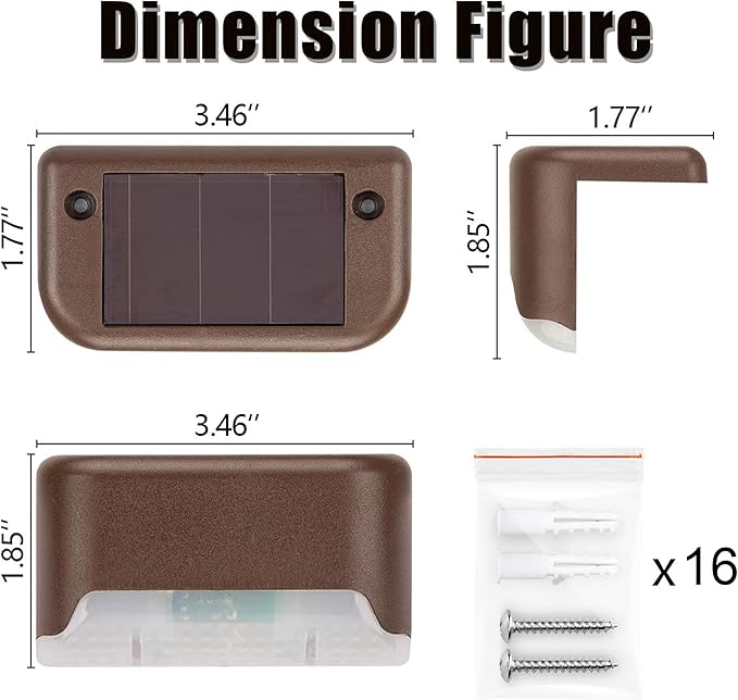 GIGALUMI Solar Deck Lights Outdoor, 16 Pack Waterproof LED Solar Lights for Stairs, Step, Fence, Railing, Yard and Patio (Cool White)