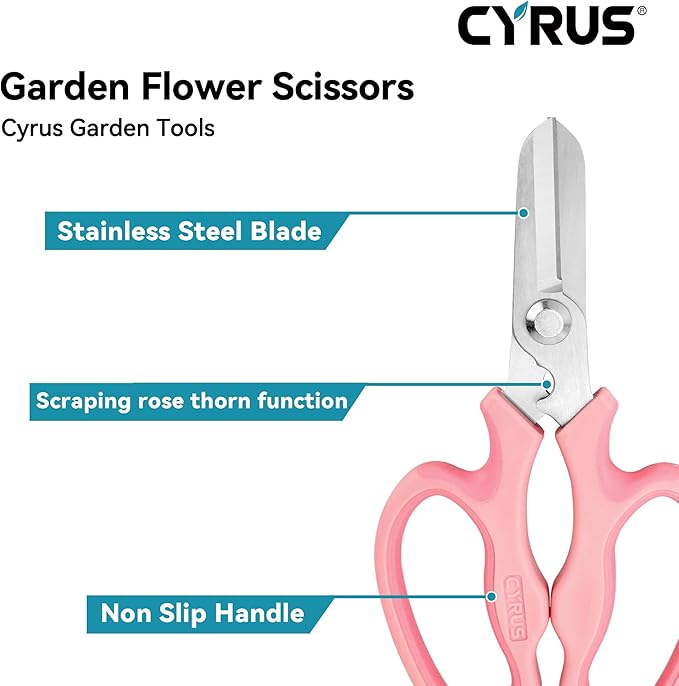 CYRUS Garden Shears Pruner Secateurs 7.5" Pruning Scissors with Integrated Stab Remover Flower Sharp Gardening hand tools Florist Bonsai Cutters Rose Snips Pink