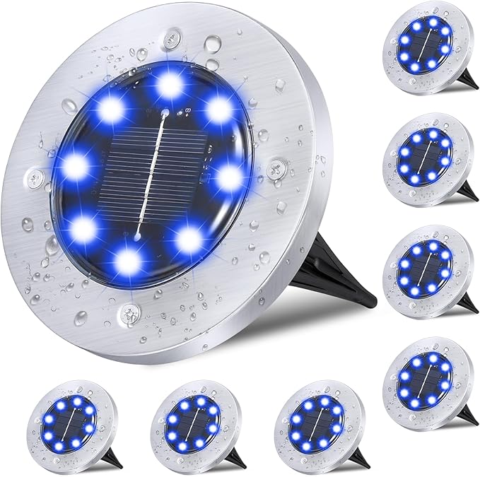 Solar Ground Lights - Upgraded Waterproof Garden Lights for Outdoor, Landscape, Yard, Deck, Lawn, Patio, Walkway (8 Pack Blue)