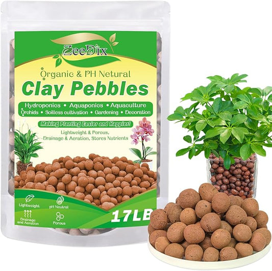 ZeeDix 17LBS Expanded Clay Pebbles for Plants, 4mm-16mm Clay Aggregate Grow Media, Natural Organic Clay Pebbles for Hydroponic, Gardening, Orchids, Decoration, Aquaponics
