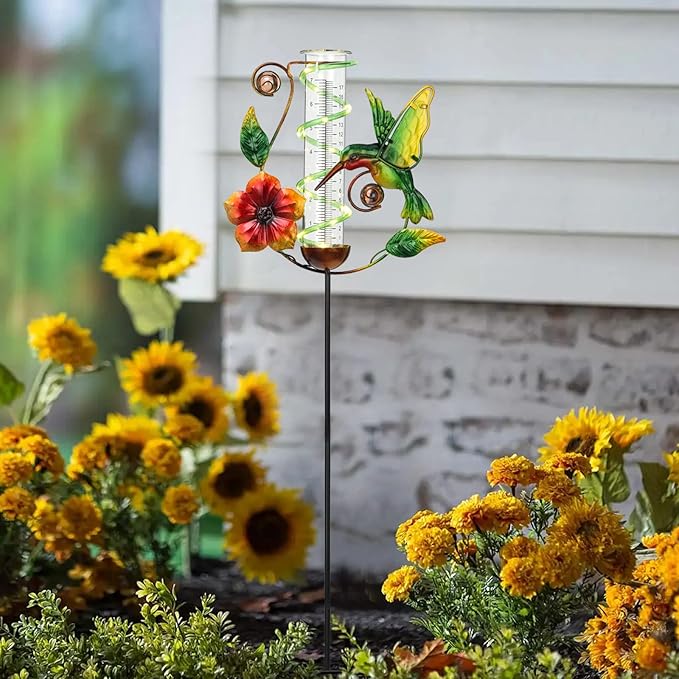 BAYN 36.3” Rain Gauge Outdoor Solar Powered 10 LEDs 7” Tube Garden Hummingbird Metal Decorative Stake with Waterproof Large Glass Tube Rain Guage for Yard, Garden, Patio, Lawn