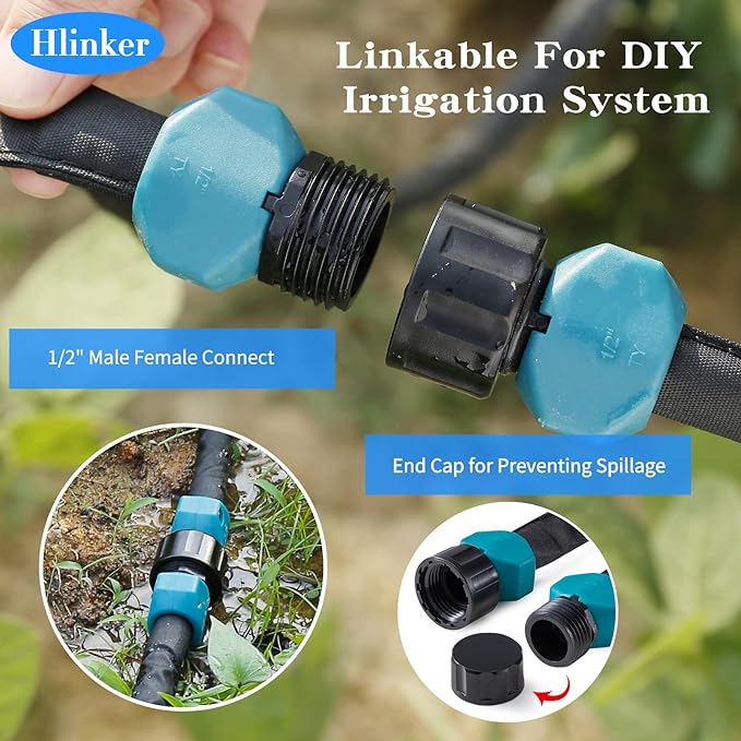 Flat Soaker Hose 50 FT for Garden Beds, 50Ft 1/2" Linkable Consistent Drip Irrigation Hose Save 80% Water, Leakproof Heavy Duty Double Layer Sprinkler Hose
