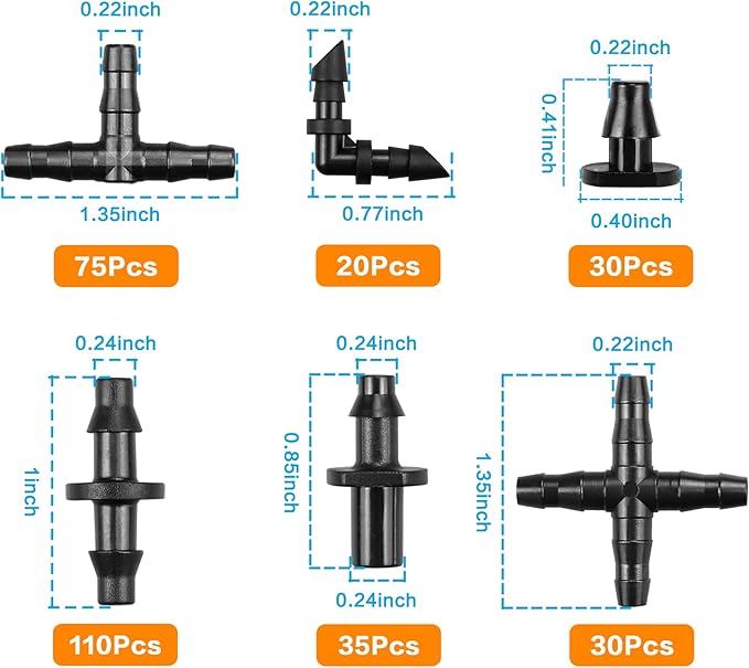 300 Pcs Barbed Connectors Irrigation Fittings Kit, Drip Irrigation Fittings 1/4” Tubing Connectors for Drip or Sprinkler Systems-Couplings, Single Barbs, End Plugs, Elbows, Tees, 4-Way Coupler