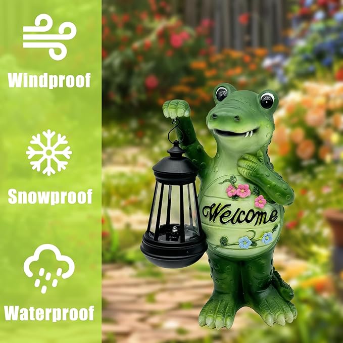 Solar Lantern Garden Alligator Statues Decor, Outdoor Crocodile Figurine Lights for Yard Patio Decoration - Unique Christmas Housewarming Gift for Grandma Wowen Mom
