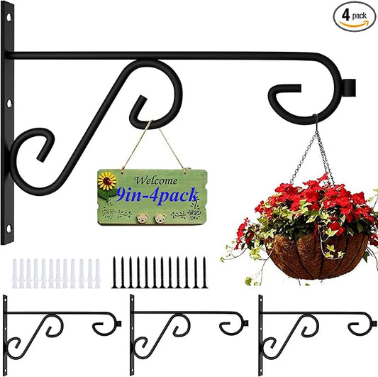 Plant Hook 4Pcs Hanging Basket Hooks,9in Plant Hangers Outdoor/Indoor,Black Plant Bracket Hook for Hanging Flower Baskets,Bird Feeder Hanger