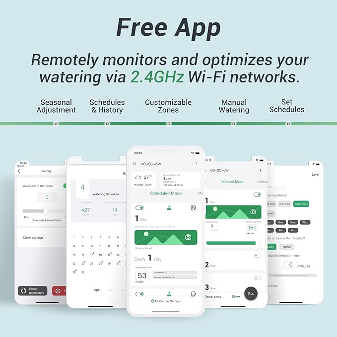 Smart Sprinkelr Controller 6 Zone, WiFi Indoor Irrigation Controller, Free APP, Supports Rain Sensor, Seasonal Adjustment, Automatic/ Manual Watering (HO-SC-6W)