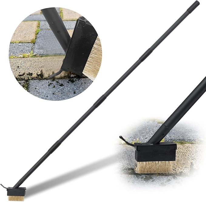 Moss Killer Weed Puller Tool for Crevice Weeding with 73.2inch Long Adjustable Handle, 2 in 1 Crack Weeder Moss Grout Remover Brush, Manual Weed Remover Tool for Driveway Deck Paver Patio Walkway