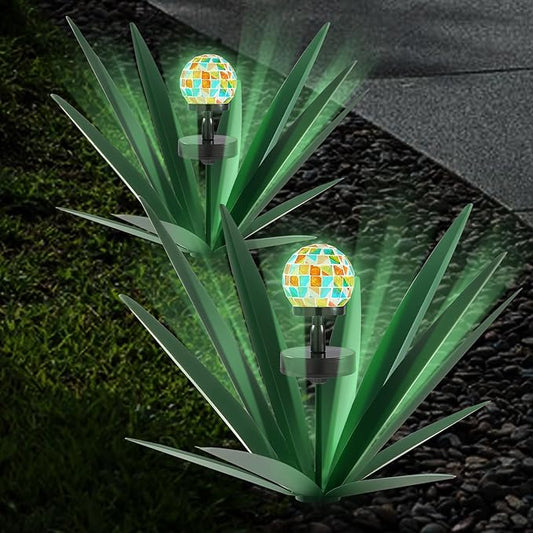 Enlarge Metal Plants Tequila Rustic Sculpture, Outdoor Patio Yard, Home Decor Hand Painted Agave Garden Statue, Outdoor Lawn Ornaments Yard Stakes for Mom Gift (2 Solar Green)