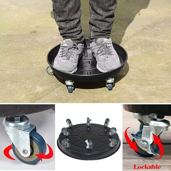 Round Plant Stand with Lockable Wheels, Heavy Duty for Indoor Outdoor, Large Rolling Dolly Planter Caddy on Casters to Carry Potted Flower Pot, Round Metal Tray NO Holes, Black