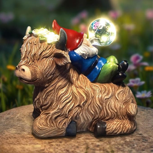 Solar Highland Cow Gnome Garden Decor Statue, Outdoor Funny Solar Light Decoration for Yard, Patio, Lawn, Unique Housewarming, Birthday Gift for Women, Mom, Grandma