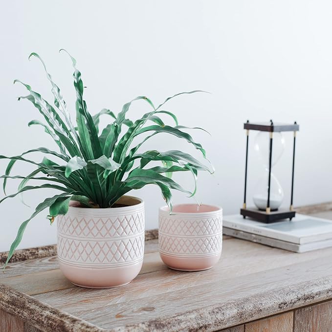 6 + 4.7 inch Flower Plant Pots Indoor Plants, Ceramic Planter with Drainage Hole, Pink Plant Pot for Succulent Orchid Snake Plants Cactus