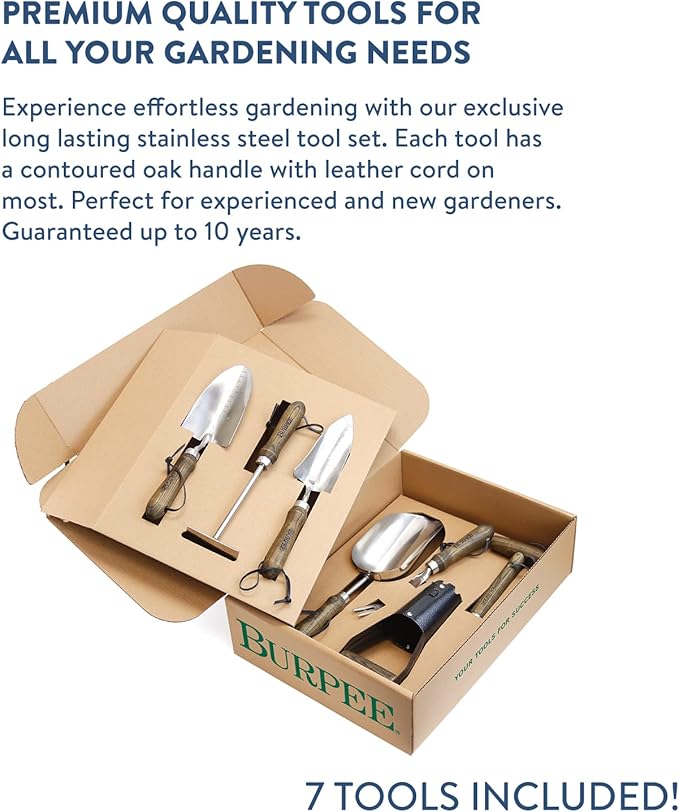 Burpee Complete 7-Piece Set of Stainless Steel Garden Bulb Planter, Rake, Dibbler, Soil Scoop, Transplanter, Weeder, Trowel | Hand Tools with Leather Strap for Storage