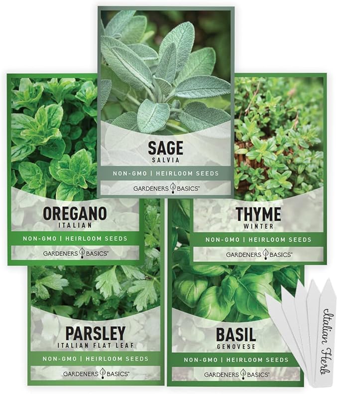 Gardeners Basics, Italian Herb Seeds for Planting 5 Variety Herbs Seed Packets Including Italian Flat Leaf Parsley, Sage, Oregano, Thyme, Basil - Great for Kitchen Herb Garden, Hydroponics Heirloom