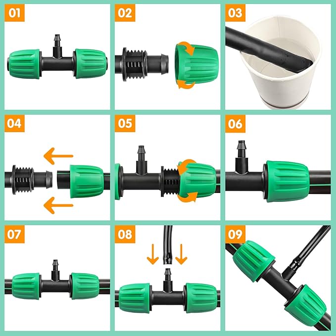 Drip Irrigation Fittings for 1/2 inch Tubing(0.63" OD) to 1/4 inch Irrigation Tubing, 12 Pieces Barbed Tee Drip Parts Twist Locked 3 Way Connectors for Drip Irrigation Hose (13mm ID / 4mm ID)