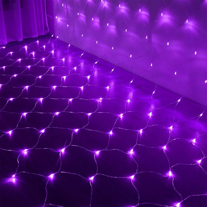LJLNION Christmas Net Lights, 360 LED 12ft x 5ft Connectable Christmas Mesh Fairy String Lights,8 Modes Low Voltage Safe Adaptor for Xmas Trees, Bushes, Wedding, Outdoor Garden Decorations, Purple