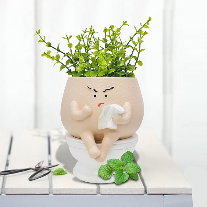 Frowning Planter Pots for Indoor Plants Cute Resin Flower Head Planters, Sit Toilet Succulent Pots with Drainage Hole Unique Closestool Planter - Gift IdeaI for Birthday and Christmas