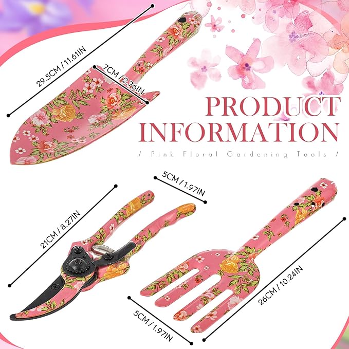 3 Pcs Pink Floral Gardening Tools Set Flower Garden Tool Set for Outdoor, Gardening Kit for Women Garden Hand Tools Set with Pruner, Trowel, Rake, Christmas Gardening Gifts for Women