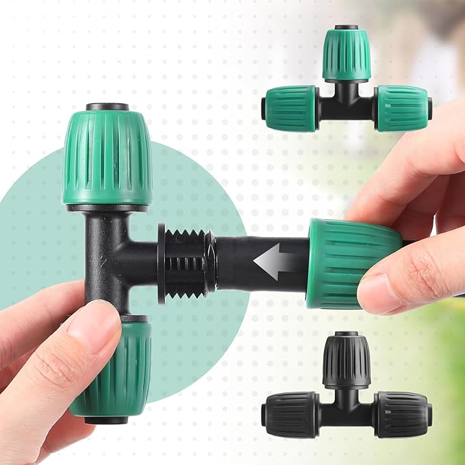 Frienda 40 Pcs 1/2 Inch Drip Irrigation Lock Barbed Tee Tubing (1/2" IDx0.6-0.63" OD) 16mm Fittings Drip Irrigation Parts Anti Drop Locked Reducing Tee for Hose, Black and Green