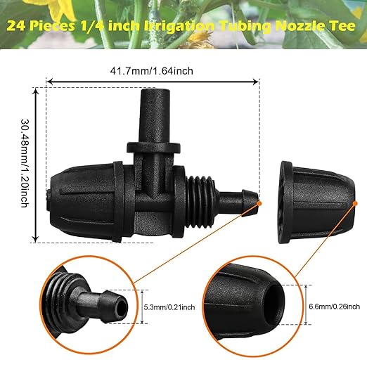 Upgraded Drip Irrigation Fittings for 1/4 inch Tubing to 6mm Flat Mouth: 24 Pieces Lock Barbed Nozzle Tee Connectors for Connecting Micro Atomizing Nozzle for Garden Greenhouse Patio Misting