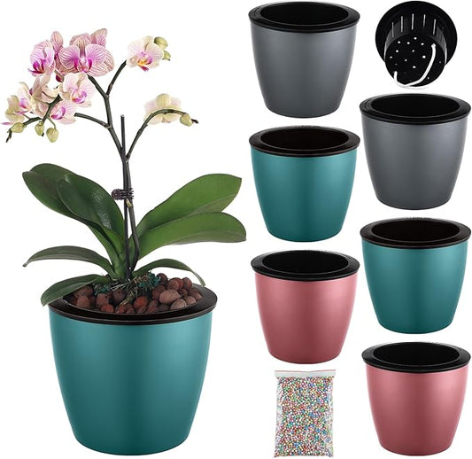 Planterhoma 6.7 Inch Self Watering Pots for Indoor Plants, 6 Packs African Violet Pots with Black Wick Pots, Self Watering Planters for Devil's Ivy, Indoor Plant Pots, Silver/Blue/Rose Gold